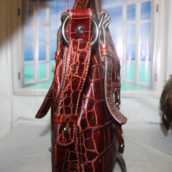 $549 FRANCESCO BIASIA Gilded Brown Croc Embossed Leather Shoulder Bag Crossbody - Picture 5 of 12